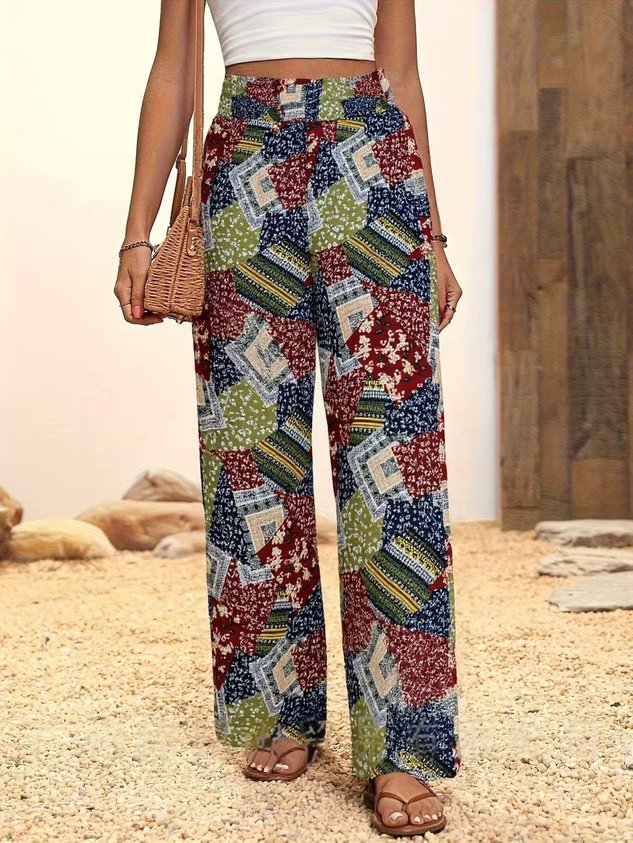 Women Geometric Long Elastic Waist Pants Casual Spring/Fall Trousers