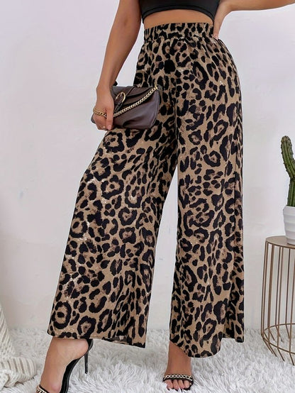Women Leopard Long Elastic Waist Pants Vintage Spring/Fall Trousers