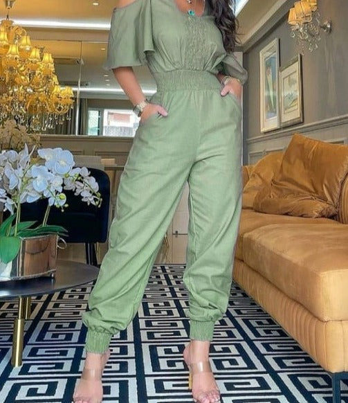 Women's Casual Off The Shoulder Ruched High Waist Jumpsuit SIZE S-XL
